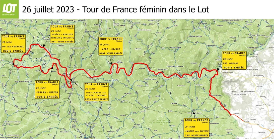 La carte du passage des coureuses ce mercredi dans le Lot