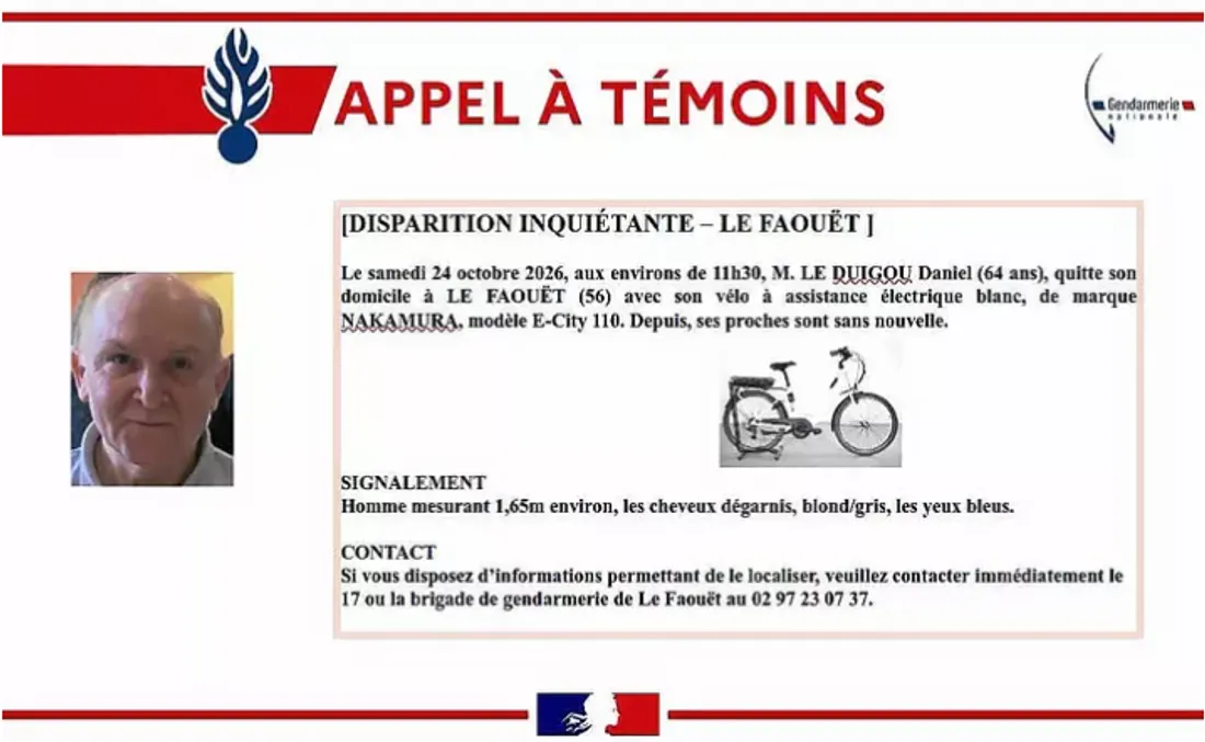 Le Faouët : disparition inquiétante d'un homme de 64 ans, la gendarmerie lance un appel à témoins