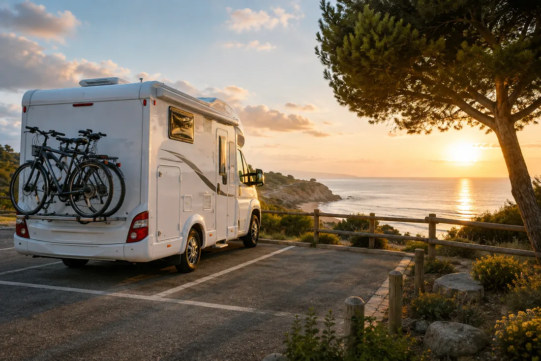 Camping-car face au coucher de soleil côtier