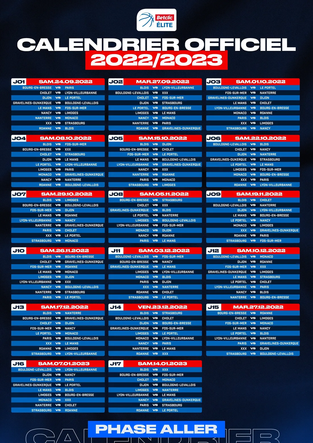 Calendrier Matchs Aller Betclic Elite 2022 - 2023.