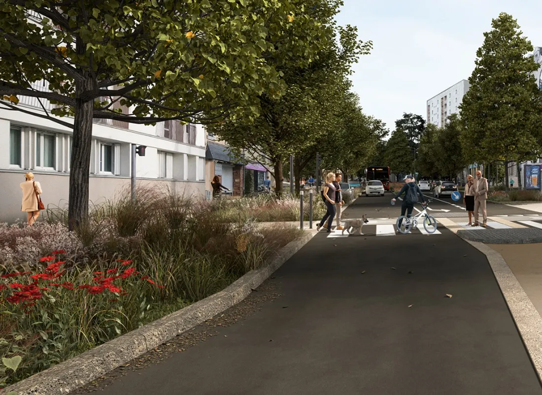 Sur l'avenue Bollée, au Mans, image de synthèse de la future "Chronoligne"