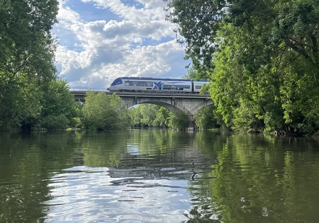 Un train passe sur le pont. Sous le pont coule la rivière.