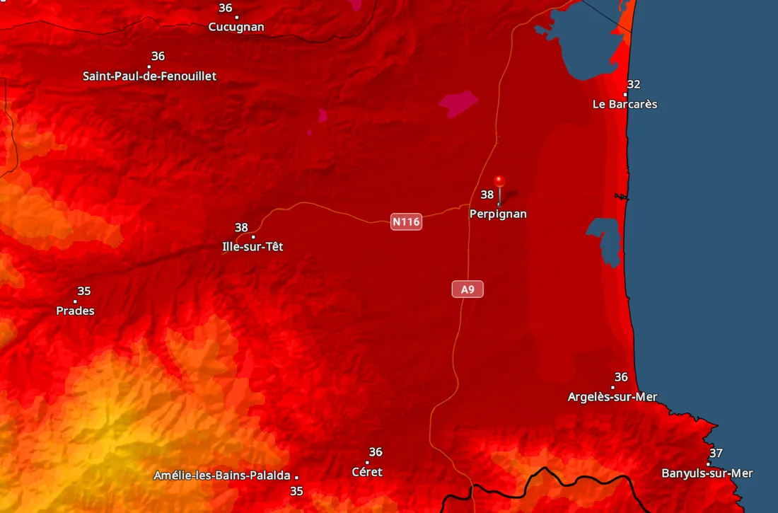 Carte des températures du département du lundi 30 juin