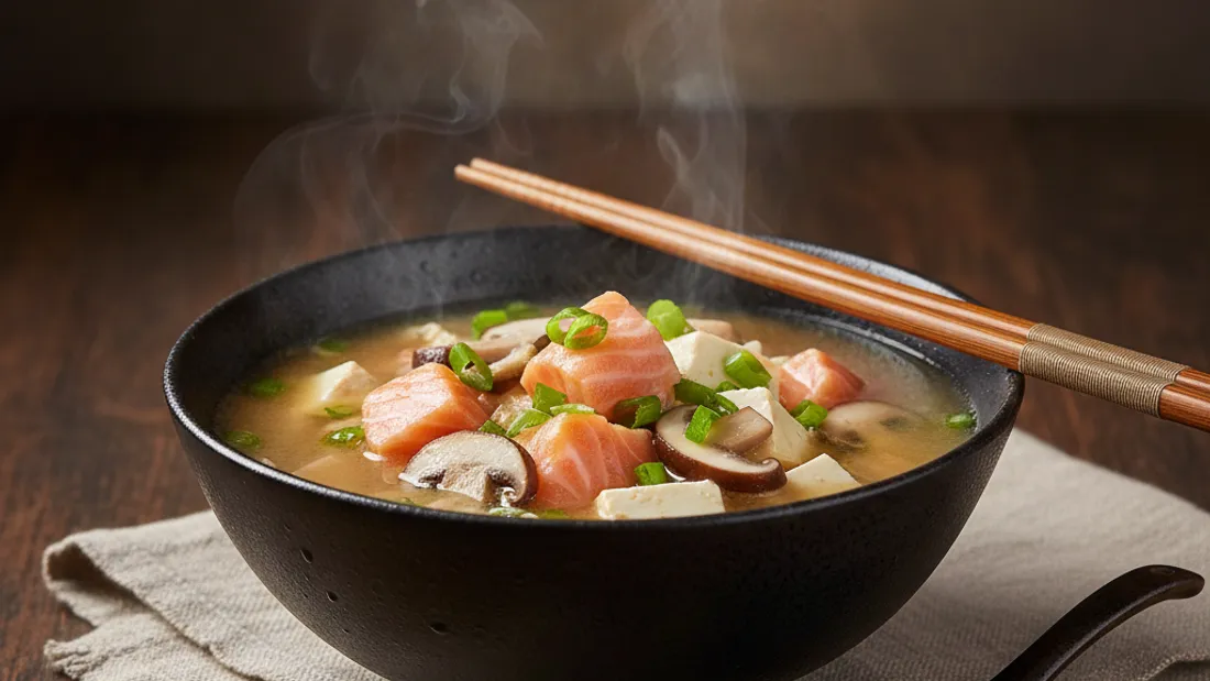 Soupe miso au saumon et champignons
