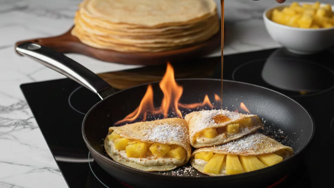  CRÊPES FLAMBÉES À L'ANANAS ET NOIX DE COCO