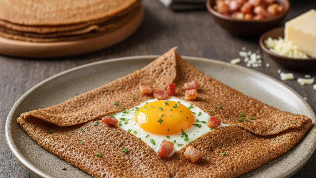Crêpes salées à la farine de sarrasin, œuf et lardons