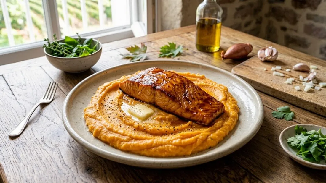 Saumon laqué au sirop d'érable et purée de patates douces