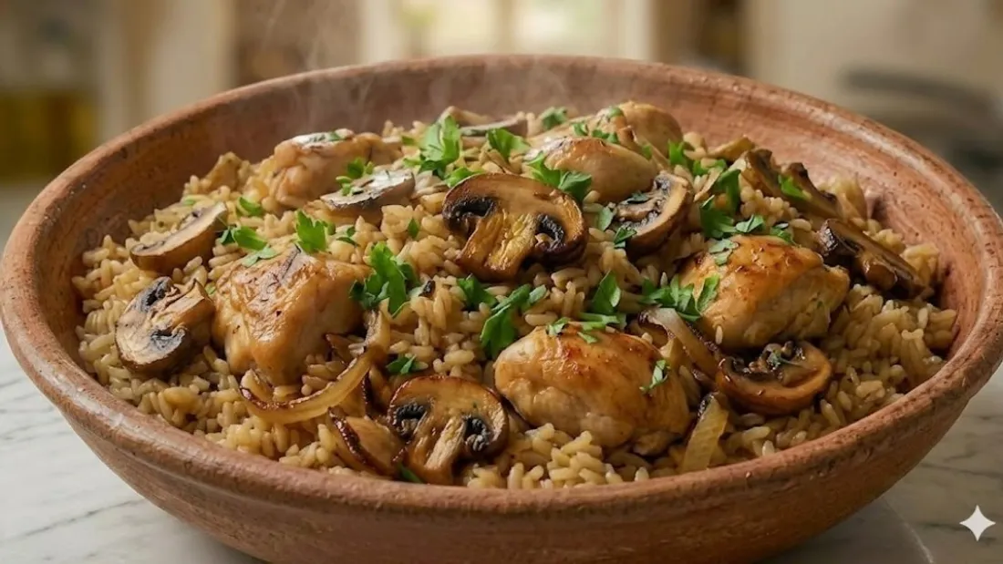 Riz sauté au poulet et aux champignons