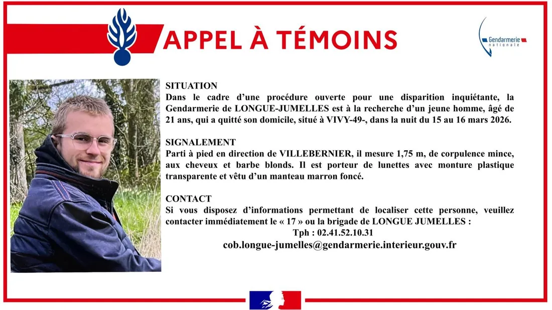Vivy. Un appel à témoins lancé, après la disparition d'un jeune...