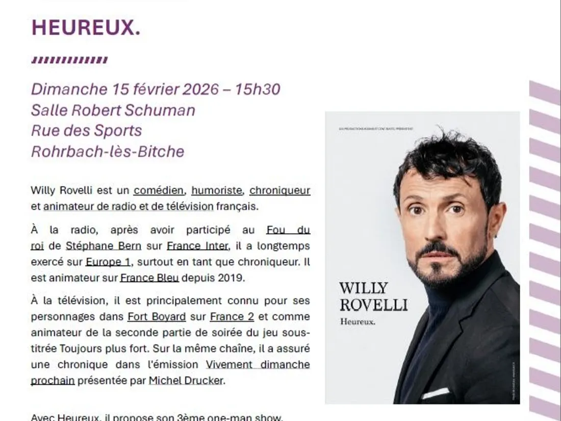 One-man Show Willy Rovelli le 15 février à Rohrbach-lès-Bitche