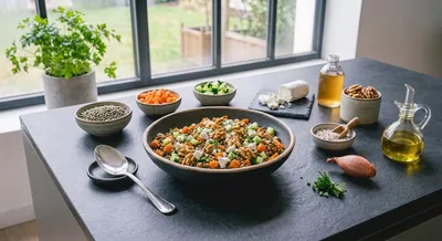 Salade tiède de lentilles, fromage de chèvre et noix