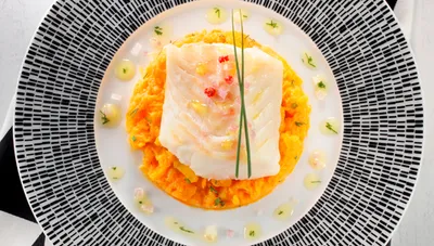 Cœur de cabillaud poché au lait et écrasé de potiron 