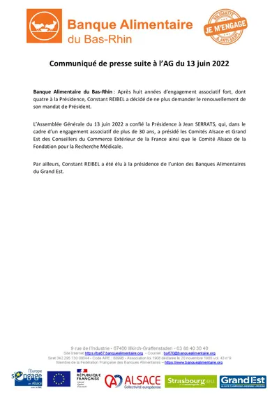 Election de Jean Serrats à Présidence de la Banque Alimentaire du Bas-Rhin