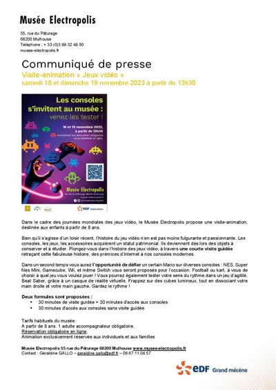 Animation les 18/19 novembre au Musée Electropolis