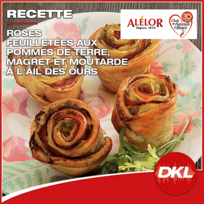 Roses feuilletées aux pommes de terre, magret et moutarde à l’ail des ours