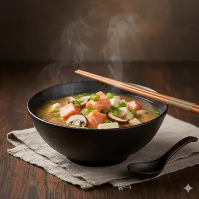 Soupe miso au saumon et champignons
