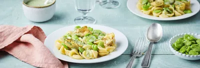 Pasta orecchietta à l'artichaut, fèves et cresson