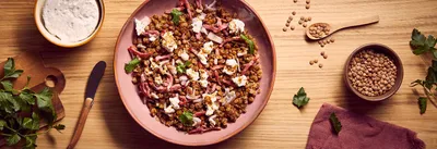 Salade de lentilles vertes aux lardons et chèvre