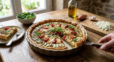 TARTE ESTIVALE AUX COURGETTES, TOMATES ET CHÈVRE FRAIS