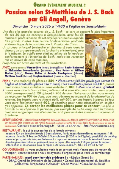 SAESSOLSHEIM : grand concert "la Passion selon St-Matthieu" de Johann Sebastian Bach