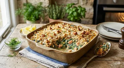 Crumble au saumon fumé et épinards 