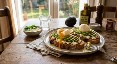  Tartine à l'avocat, feta et œuf coulant
