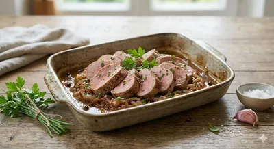 Filet mignon de porc aux oignons caramélisés