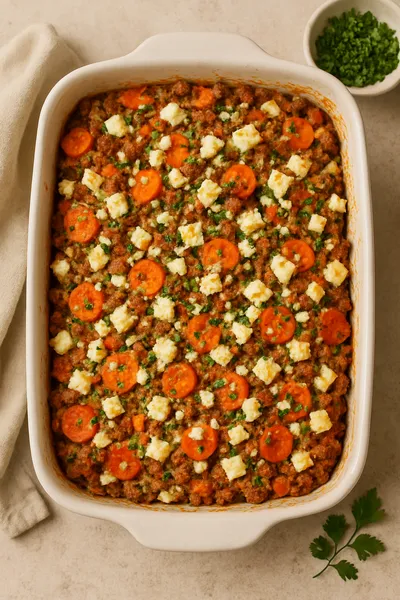 Gratin de viande hachée, carottes et feta