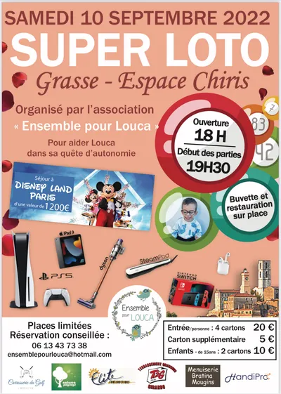 29/08/22 : SUPER LOTO A GRASSE POUR L'ASSOCIATION "ENSEMBLE POUR LOUCA"