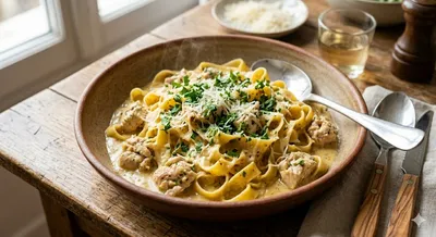 Tagliatelles au poulet, sauce crème et moutarde ​