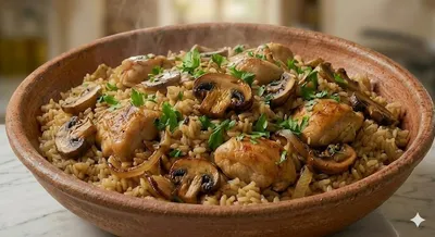 Riz sauté au poulet et aux champignons