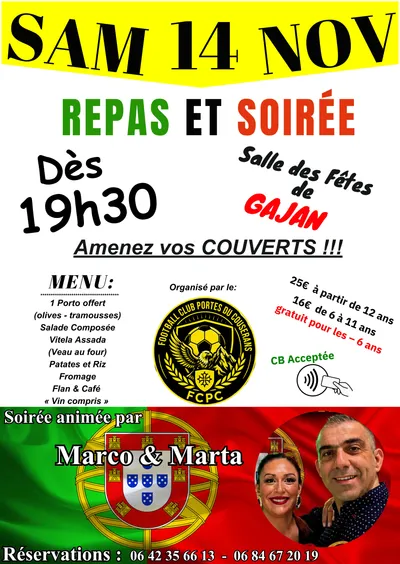 Gajan : repas portugais et soirée dansante le 14 novembre avec le FC Portes du Couserans