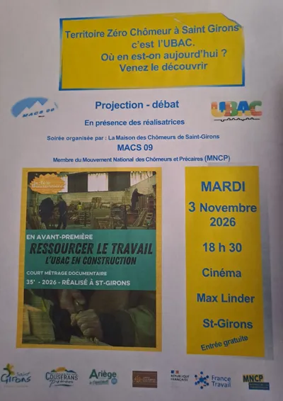 Saint-Girons : une projection-débat autour du projet Territoire Zéro Chômeur le 3 novembre