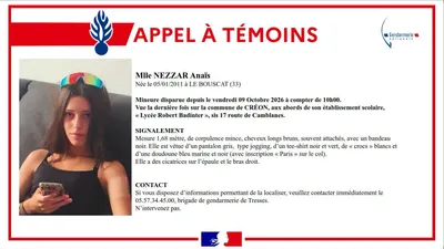 Gironde : appel à témoin après la disparition d'une jeune fille de...