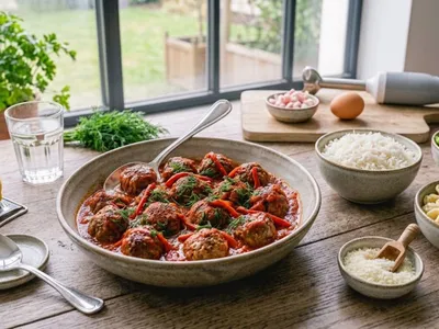 Boulettes de viande à la sauce tomate et poivrons