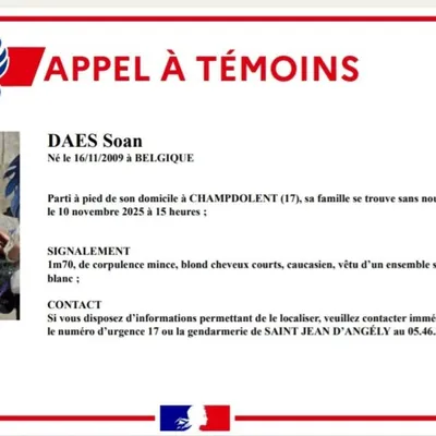 Charente-Maritime : un adolescent de 15 ans disparaît, un appel à...