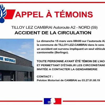 La gendarmerie du Nord lance un appel à témoins, après un accident...