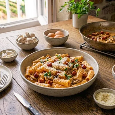 Pâtes crémeuses au chorizo et champignons