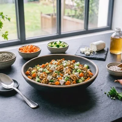 Salade tiède de lentilles, fromage de chèvre et noix