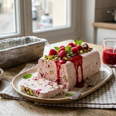 Semifreddo aux framboises et pistaches : glace italienne crémeuse...