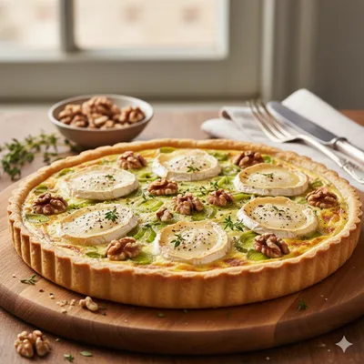 Tarte salée aux poireaux, chèvre et noix
