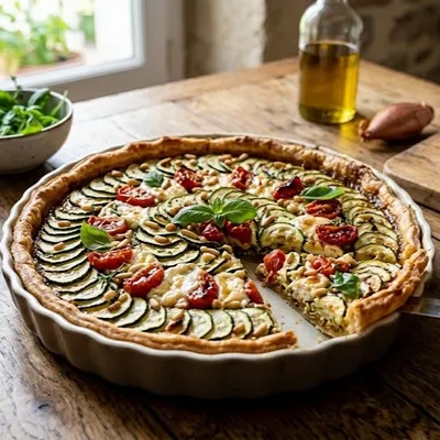 TARTE ESTIVALE AUX COURGETTES, TOMATES ET CHÈVRE FRAIS