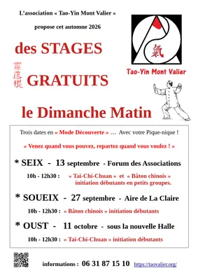 Taï-Chi-Chuan, Qi-Gong avec Bâton  : Stages gratuits pour découvrir...
