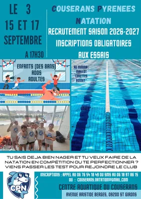 Découverte du club Couserans Pyrénées natation. Deux séances pour...