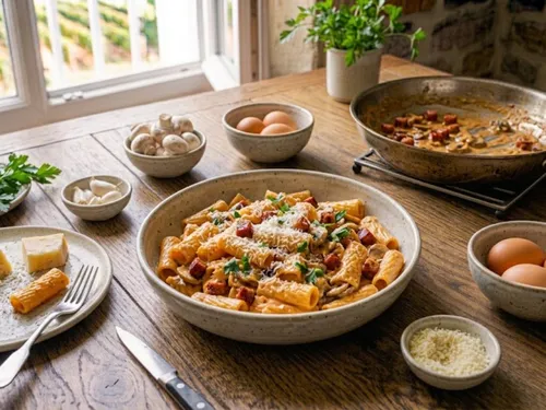 Pâtes crémeuses au chorizo et champignons