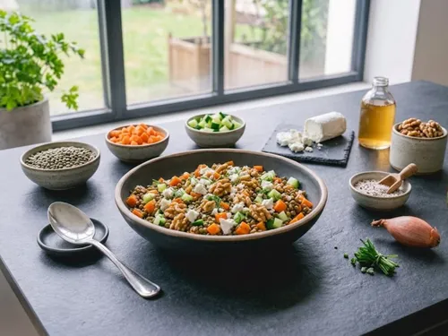 Salade tiède de lentilles, fromage de chèvre et noix