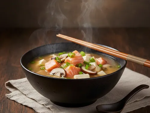 Soupe miso au saumon et champignons