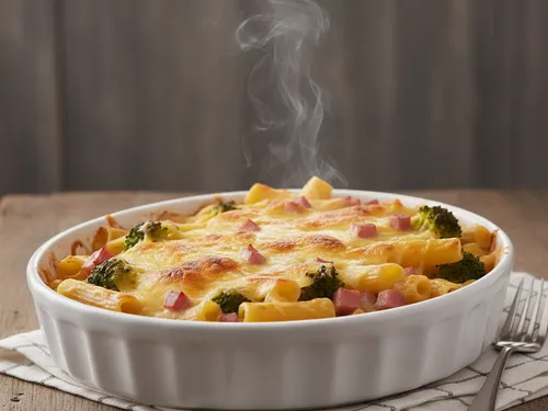Gratin de pâtes au brocoli, gouda et jambon