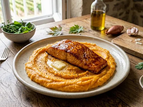 Saumon laqué au sirop d'érable et purée de patates douces
