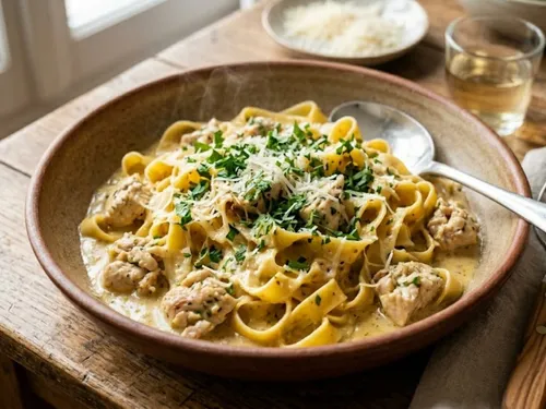 Tagliatelles au poulet, sauce crème et moutarde